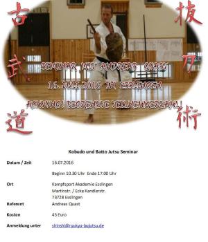 Kobudo & Batto-Jutsu Seminar with Andreas Quast this July